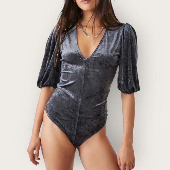 NWT | Free People Intimately | Velour Puff Sleeve Bodysuit | Gray | Various Size - Picture 12 of 12